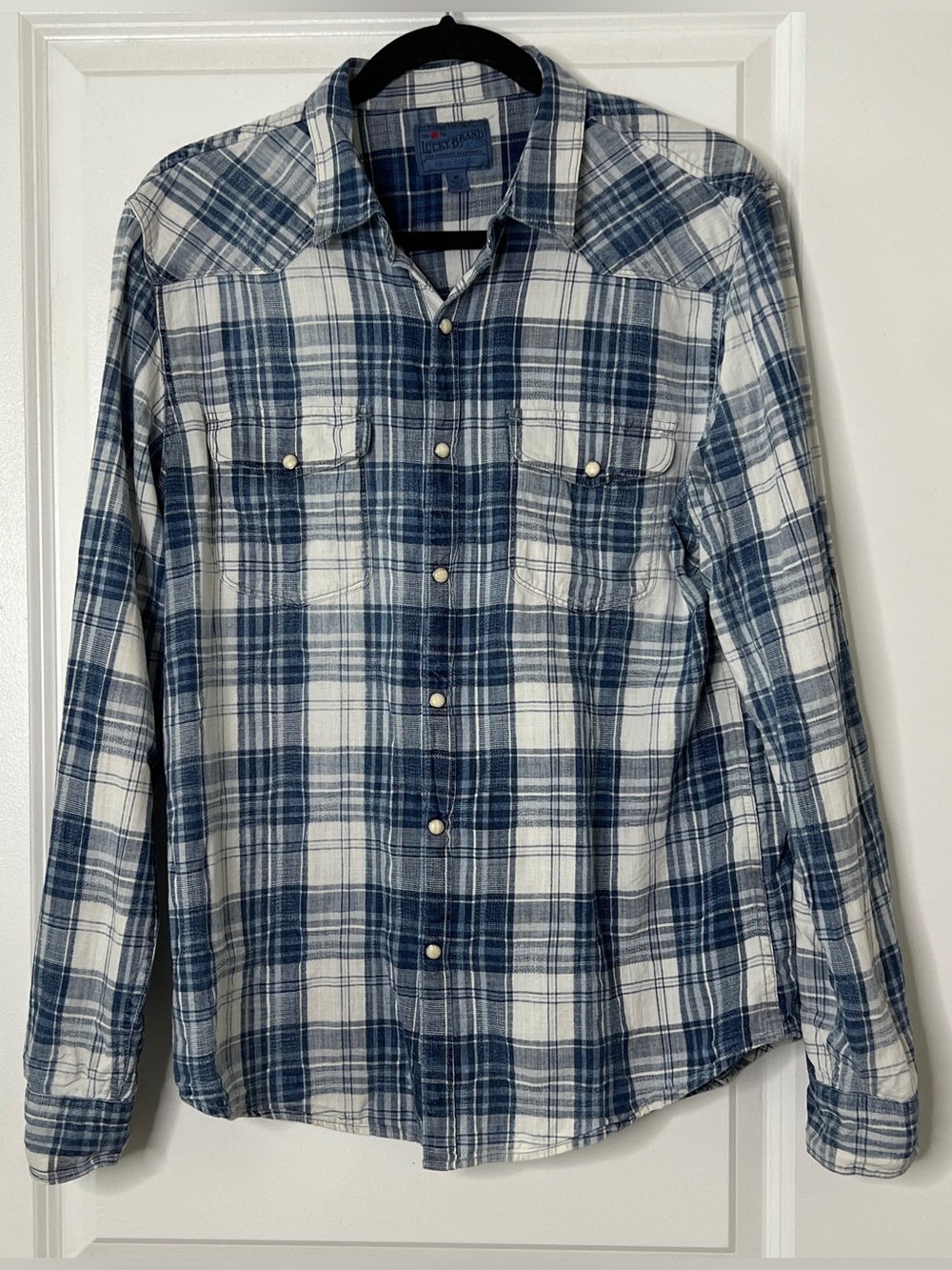 Lucky Brand Blue Plaid Western Long Sleeve Pearl Snap Shirt Men's Medium